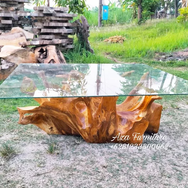 Gambar Meja Kaca Panjang Motif Natural Akar Kayu Jati