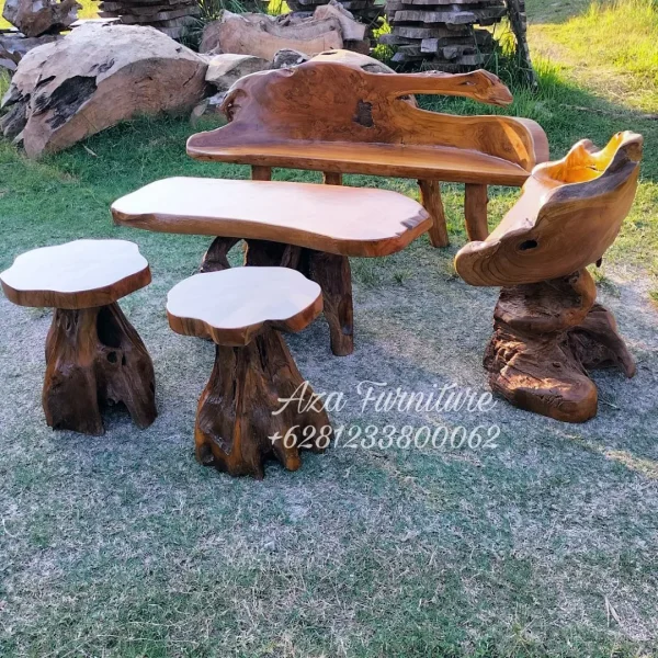 Gambar Desain Set Meja Kursi Taman Natural Akar Kayu Jati