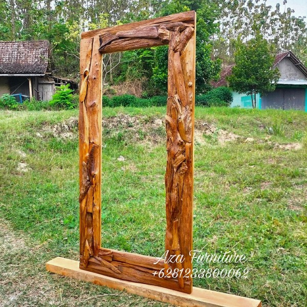 Gambar Frame Cermin Persegi Panjang Kayu Jati Rustic