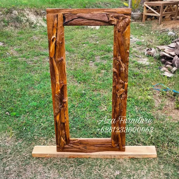 Gambar Frame Cermin Persegi Panjang Rustic Kayu Jati Tua