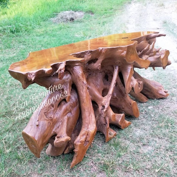 Gambar Meja Dinding Panjang Natural Akar Kayu Jati Tua