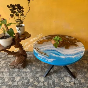 Gambar Meja Tamu Bundar Resin Motif Pantai Kayu Jati